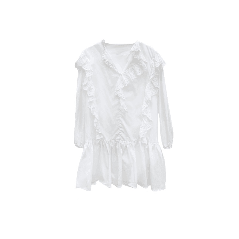 Váy MORAN ren trắng dài tay cổ bẻ phối bèo, nhún đuôi cá suôn xòe điệu đà tiểu thư