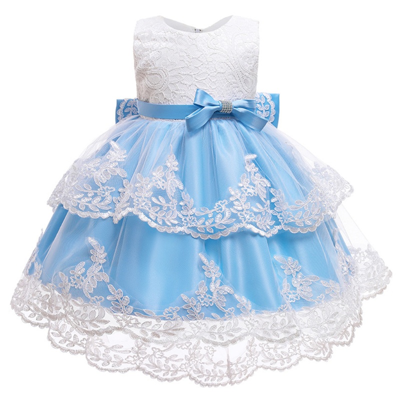 Đầm Công Chúa Không Tay Vải Tuyn Đính Nơ Phối Ren Thêu Hoa Dễ Thương Cho Bé Gái