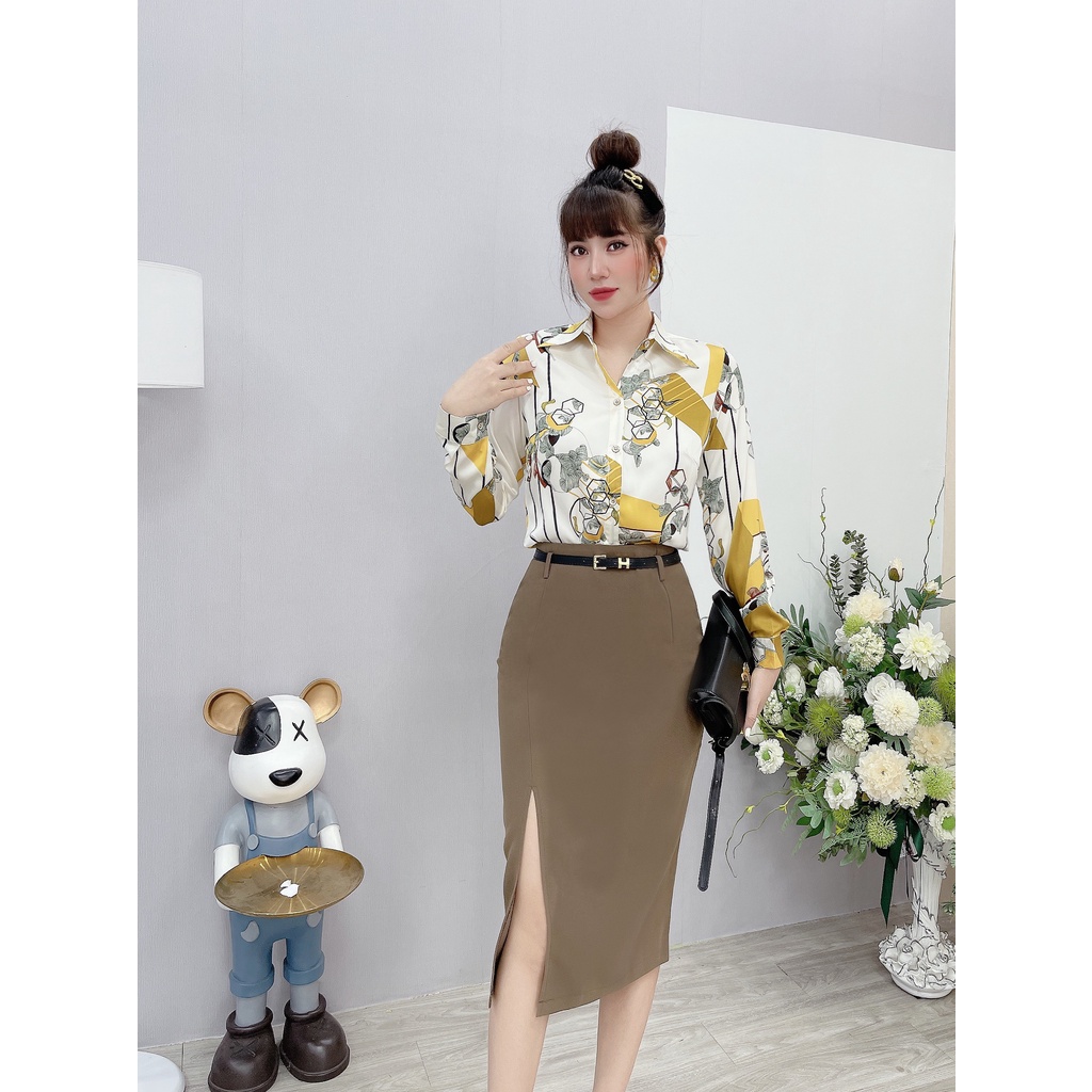 Áo sơ mi nữ lụa dài tay cao cấp công sở họa tiết hoa đá vệt vàng nền trắng sữa, áo sơ mi họa tiết thiết kế MQ Boutique