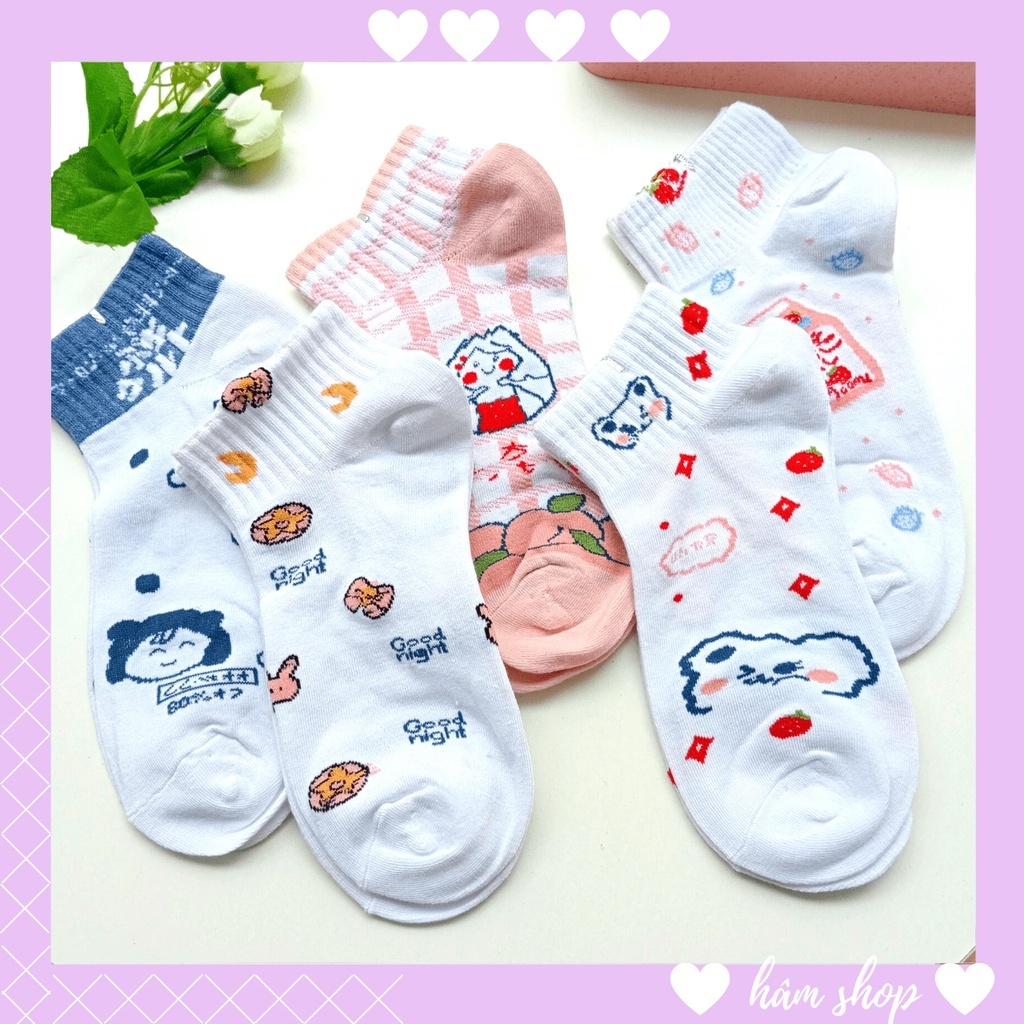 Tất Nữ Cổ Ngắn Cotton Họa Tiết Cute Phong Cách Hoạt Hình Hàn Quốc Dễ Thương Thoáng Mát Co Giãn 4 Chiều