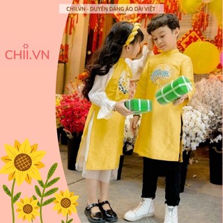 Set Áo Dài Cách Tân Bé Trai Bé Gái Hoạ Tiết Thêu, Áo Dài Tết Cho Bé