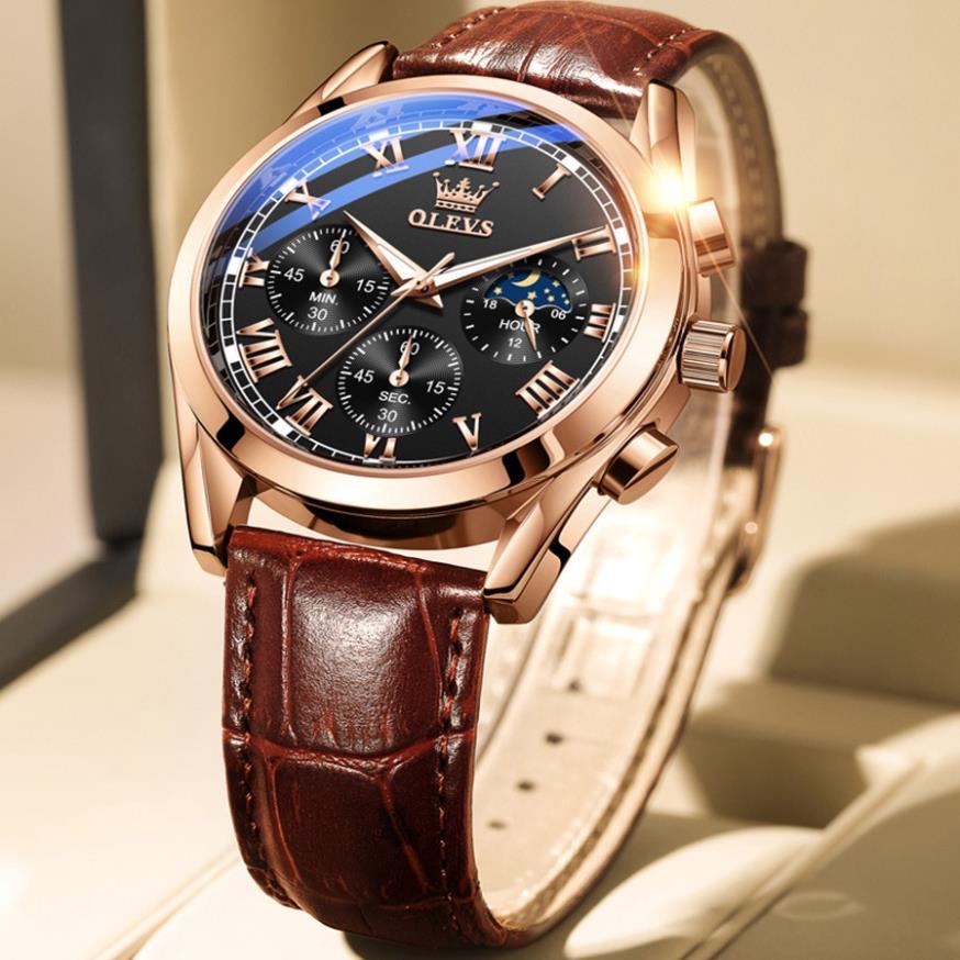 Đồng hồ nam Olevs chống thấm nước,dây da thoáng khí, đường kính 40mm