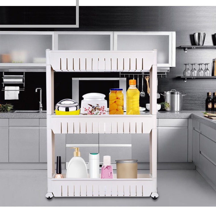 Kệ Nhựa 3 Tầng Trắng Để Dầu Gội Sữa Tắm - KỆ 3 TẦNG CÓ BÁNH XE TIỆN DỤNG
