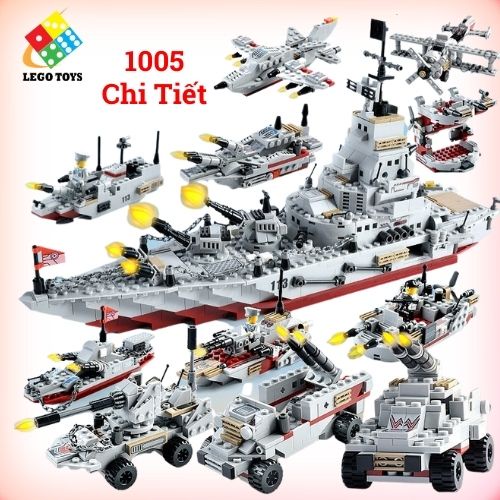 LEGO Tàu Chiến 1005 Mảnh Ghép - Đồ Chơi Xếp Hình Quân Sự - Lắp Ráp Tàu 45cm, Robot, Xe Tăng Bọc Thép, Máy Bay và Ôto