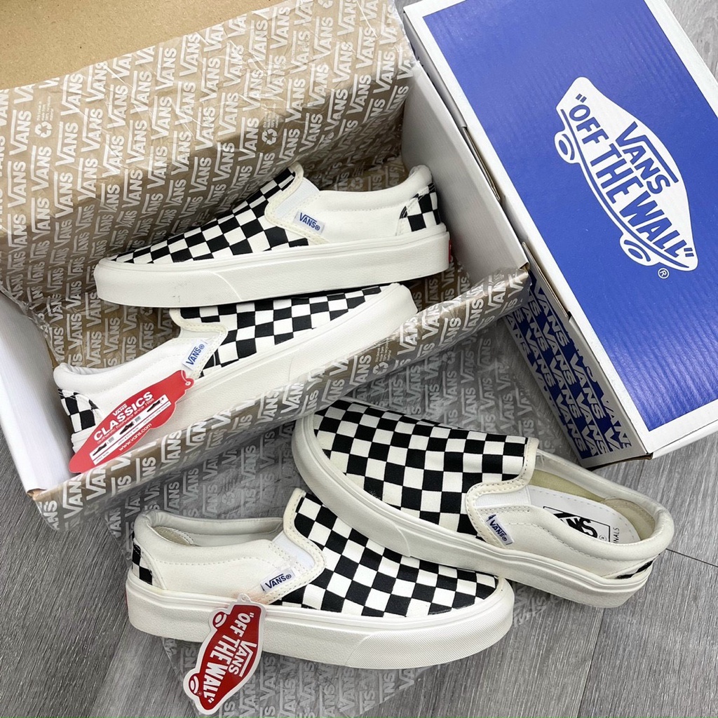Giày Thể Thao Vans hot trend 2022,Giày sneaker cao cấp Vans caro lười-caro dây-đen dành cho nam nữ hàng chuẩn full pk