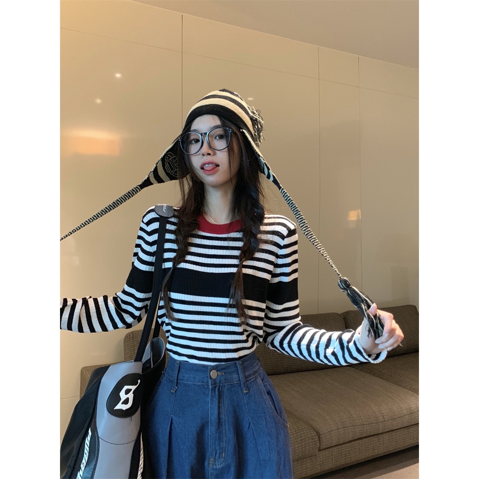 Áo ZHELIHANGFEI dệt kim tay dài họa tiết sọc thời trang phong cách