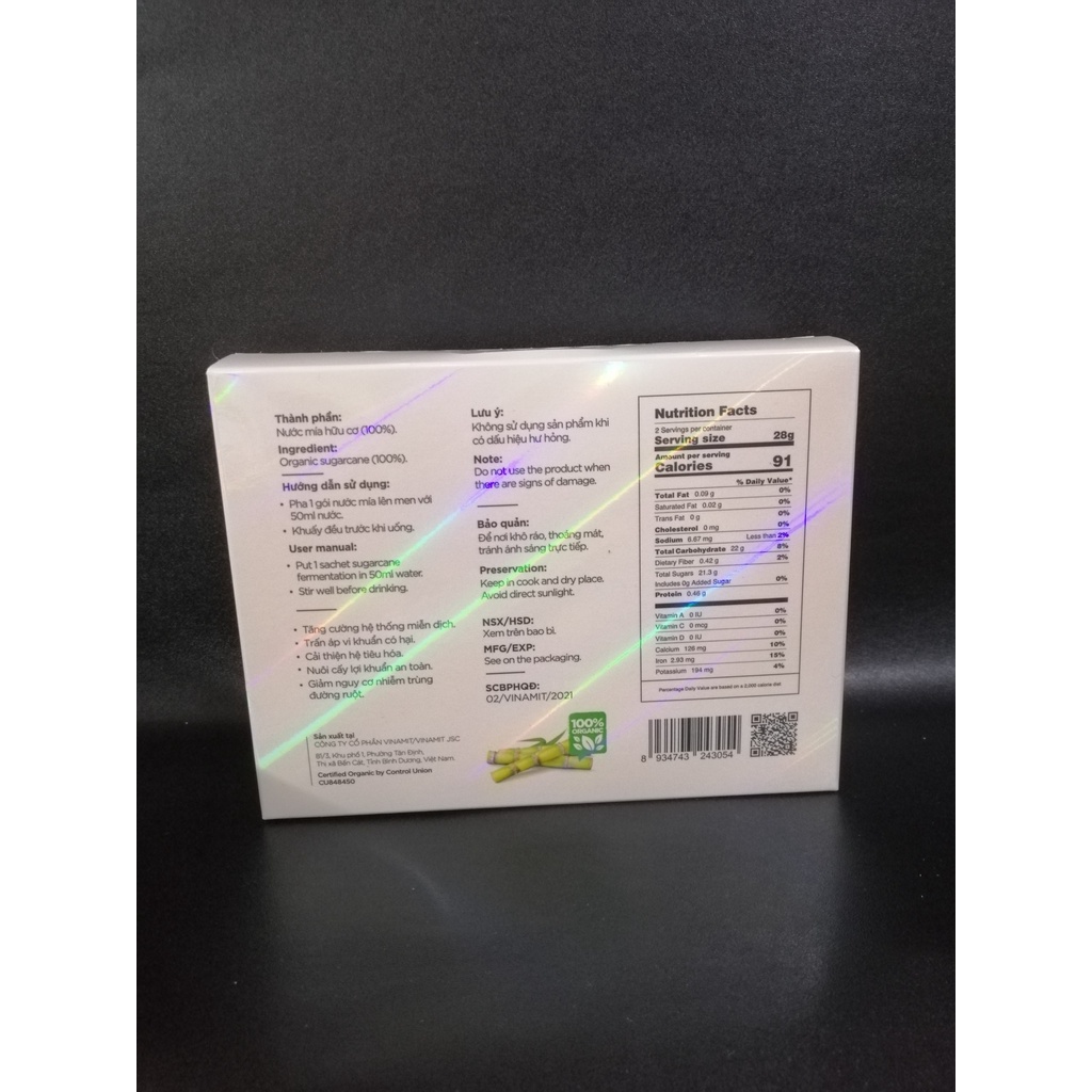 Nước mía lên men Vinamit hữu cơ 100% hộp 50g 10 gói nhỏ phiên bản mới