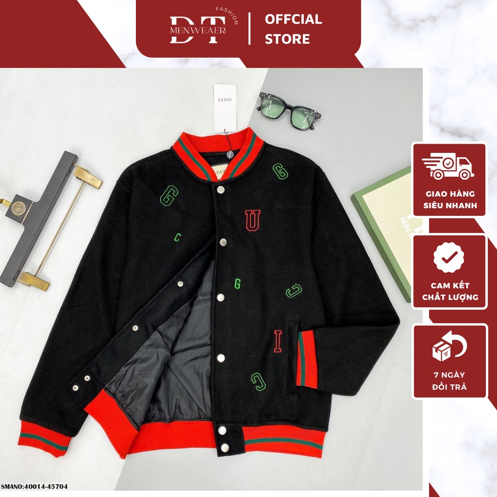 Áo Khoác Bomber Nam Gc Màu Đen Viền Đỏ Phối Họa Tiết Chữ Thêu- Áo Khoác Bomber Gc Cao Cấp Dành Cho Nam Nữ DT FASHION MEN