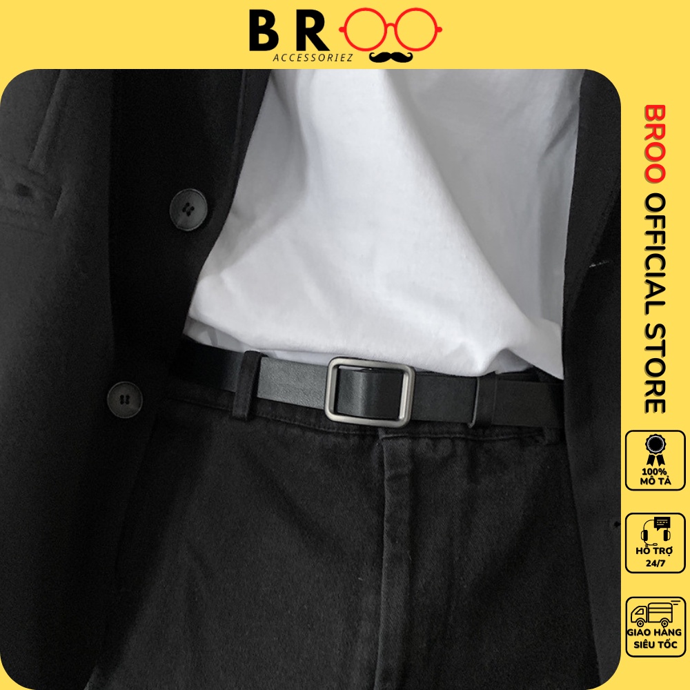 Thắt lưng da cao cấp BROO không cần đục lỗ unisex, dây nịt lưng mặt đen nhám bản nhỏ 2.3cm cho nam nữ