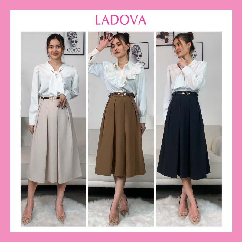 Chân váy dài chữ A Midi công sở xòe qua gối xếp ly kèm đai có BIGSIZE sang trọng trẻ đi làm màu đen nâu be CV46
