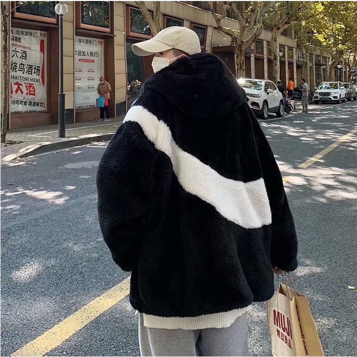 Áo Khoác Lông Cừu Phối Màu Đen Trắng, Áo Hoodie Lông Cừu Unisex Dáng Rộng