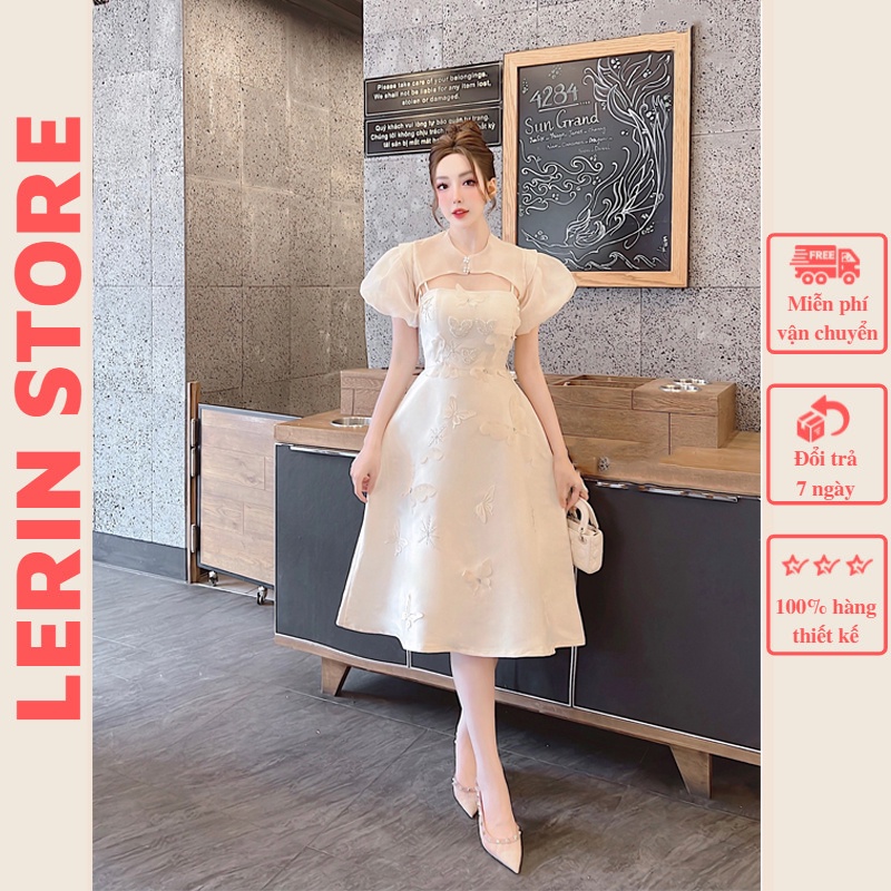 Đầm Dự Tiệc Dáng Dài Đính Hoa Bướm Kèm Áo Khoác _ Lerin V238