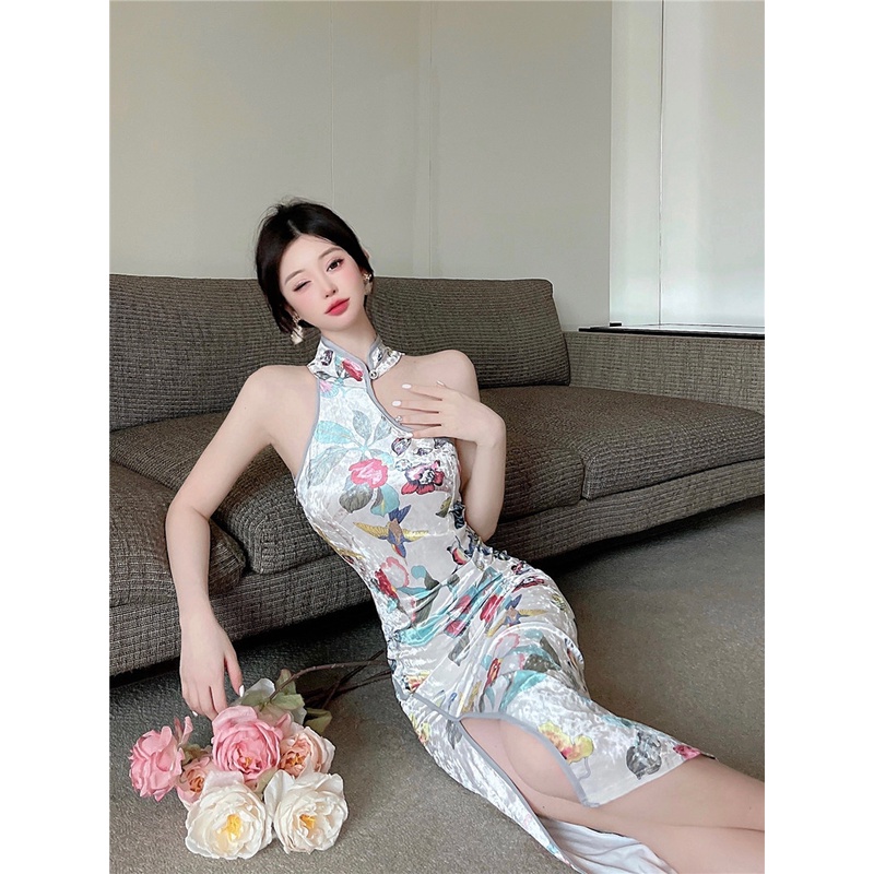 Mới Đầm Nhung Dáng Ôm In Họa Tiết Cá Tính Quyến Rũ Cho Nữ