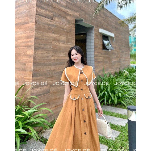 Đầm Cổ Nhọn Dáng Dài đính Nút Siêu Xinh Hàng Thiết Kế Cao Cấp