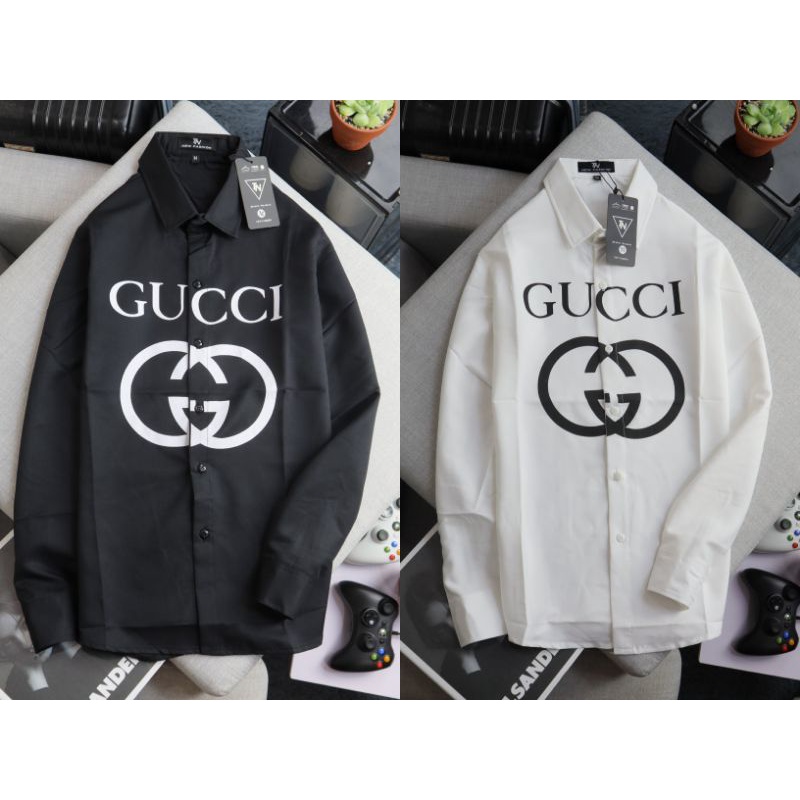 Áo sơ mi nam tay dài in chiwx GUCCI, sơ mi nam lụa mẫu mới - M6