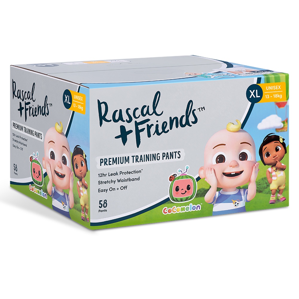 Thùng Tã quần Rascal+Friend Cocomelon size XL 13-18kg 58 miếng