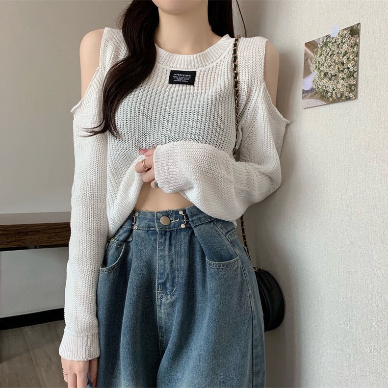 Áo sweater COZOKC dệt kim tay dài hở vai thời trang quyến rũ cho nữ