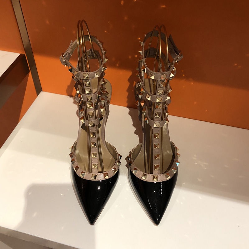 Giày Cao Gót Mũi Nhọn Đính Đinh Tán Màu Đen / Nude Đẹp Mắt Mùa Hè Cho Nữ