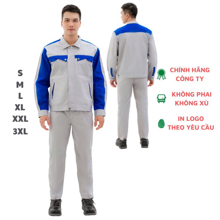 Quần áo bảo hộ lao động nam nữ đồng phục nam nữ ghi xám phối xanh vải pangrim PR03 - Nsafe