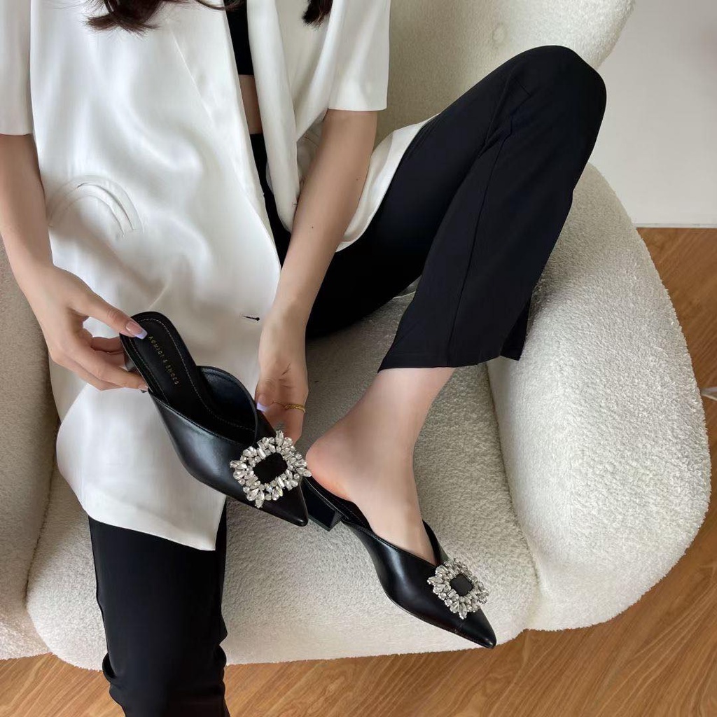 Sục cao gót nơ đá đế vuông cao cấp 4cm OSHO, thiết kế mũi nhọn, chất da mềm sang trọng, êm chân