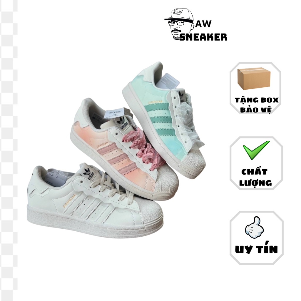 Giày thể thao Adidas Superstar với 3 mẫu sò hot 2022,Giày sneaker Adidas Sò hồng-xanh-trắng cao cấp nam nữ full phụ kiện