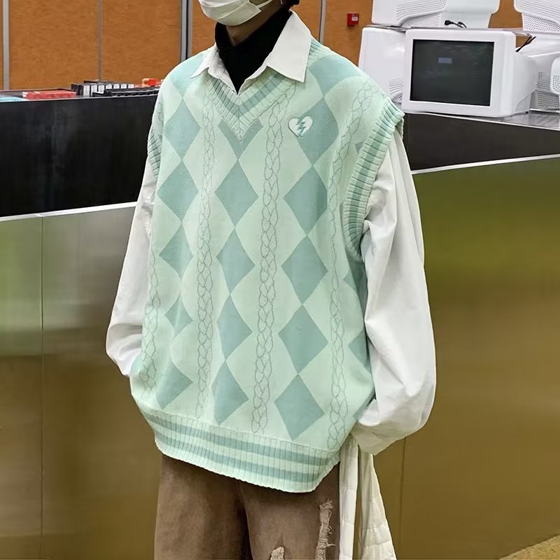 Áo Sweater Không Tay Họa Tiết Kim Cương Phong Cách Đường Phố Mùa Thu 2022 Mới Cho Nam