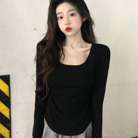 Áo Thun Thể Thao Tay Dài Cổ Vuông Ôm Eo Chất Liệu Cotton Thoáng Khí Thời Trang Mùa Hè 0928