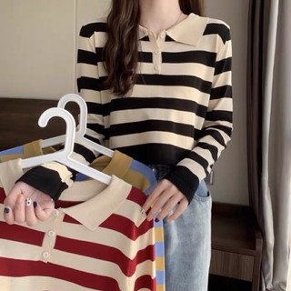 Áo len kẻ cổ bẻ