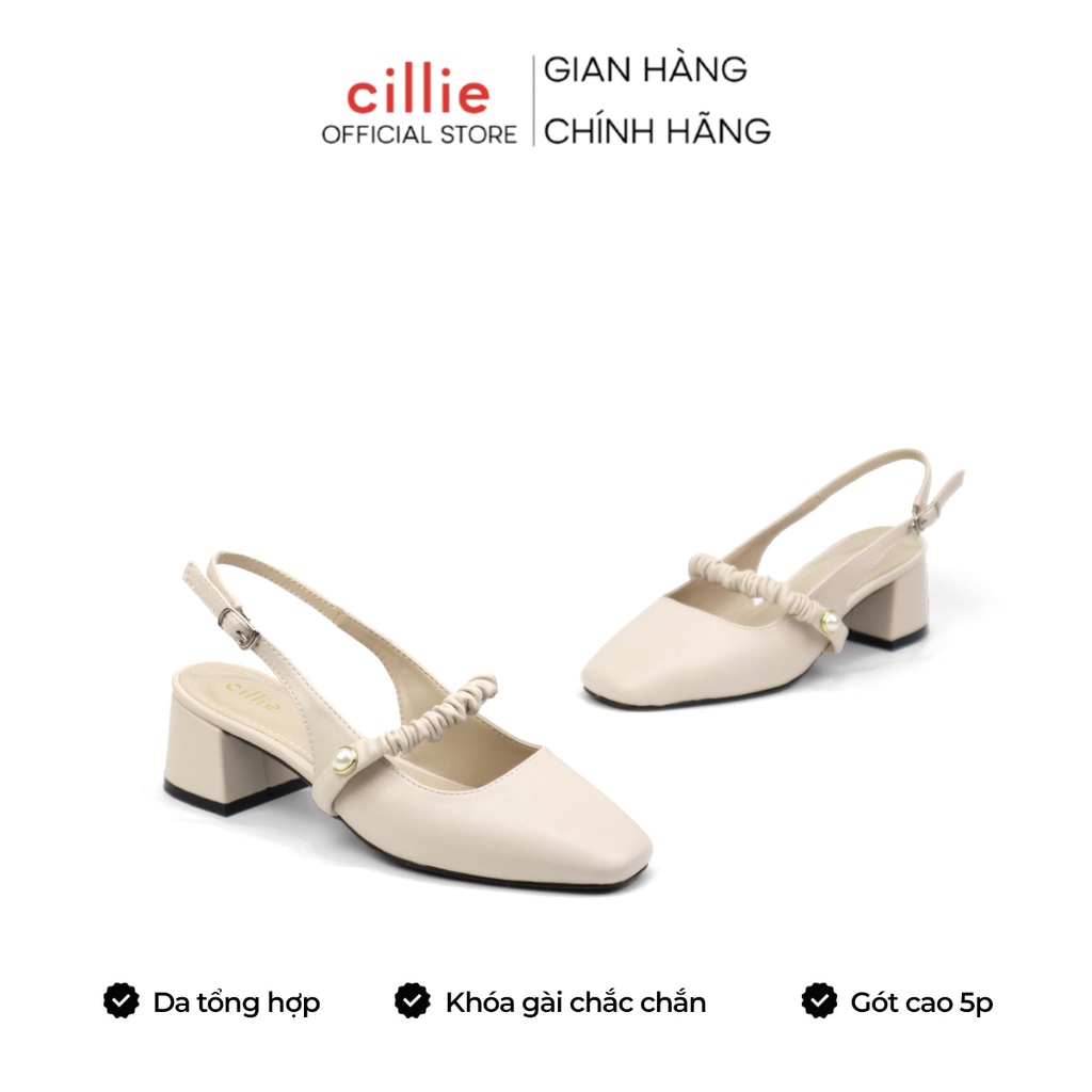 Giày cao gót slingback nữ quai ngang nhúng bèo tiểu thư đế vuông cao 5cm đi học đi làm Cillie 1089