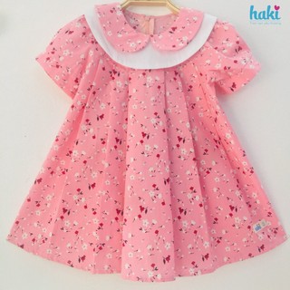 Váy bé gái cổ sen hai lớp haki đỏ hoa nhí hk478