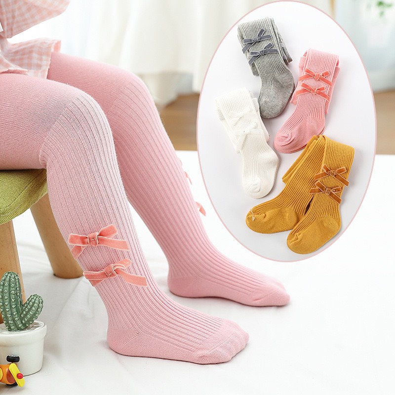 Quần tất liền bàn đính 2 nơ cho bé gái 0-6 tuổi- Chất mỏng vừa mặc trời nhu, lạnh nhẹ