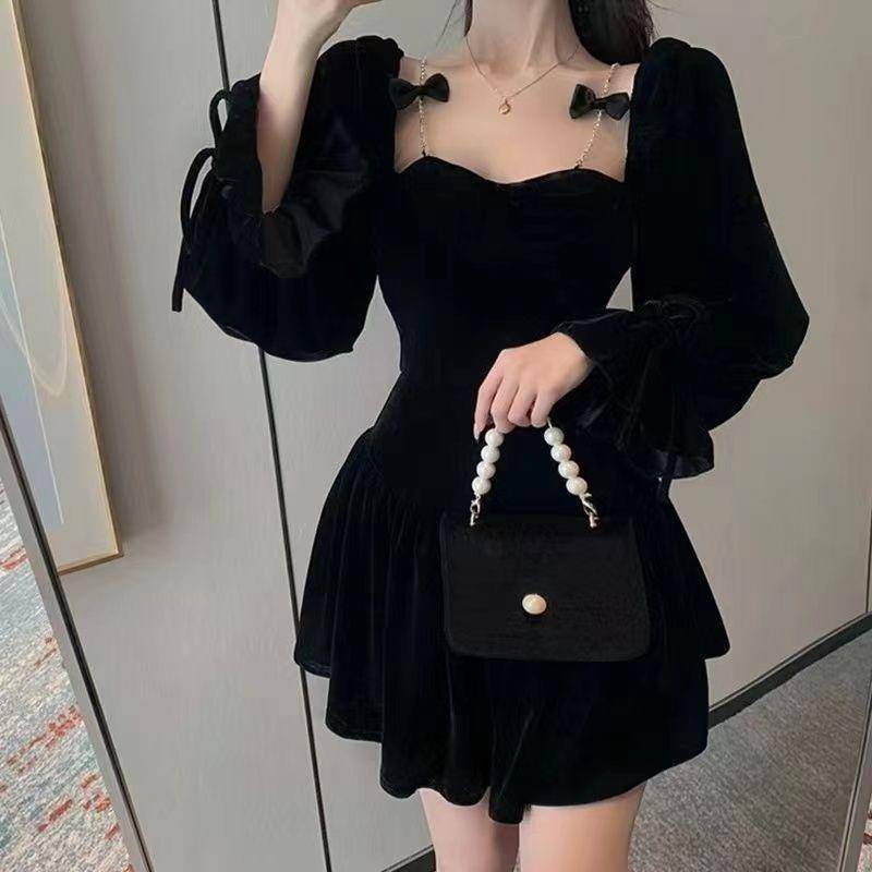 Đầm Nhung Nữ Cổ Điển Đầm Dài Thắt Nơ Kiểu Pháp ĐầM Dạ HộI