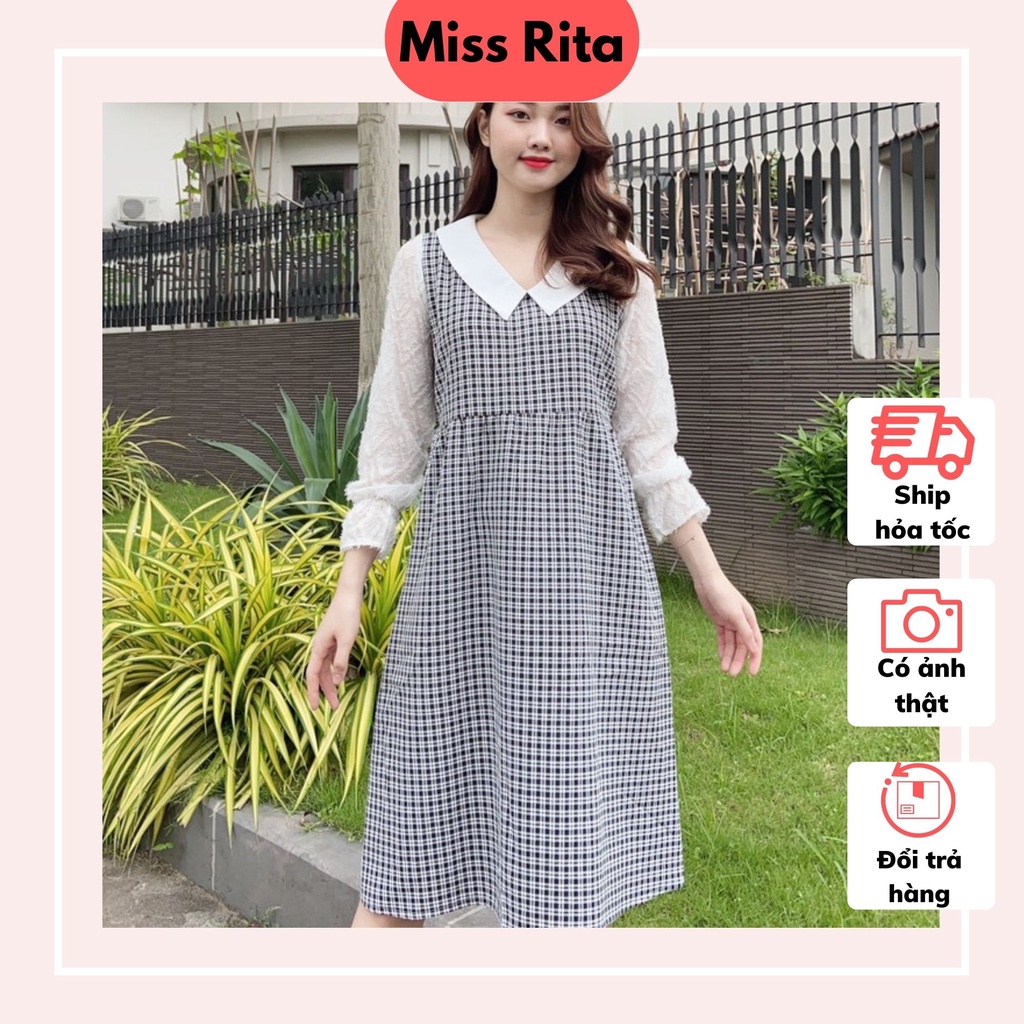 Đầm bầu mùa đông tay dài kẻ caro đen cổ đen trắng cách điệu thiết kế bởi Miss Rita