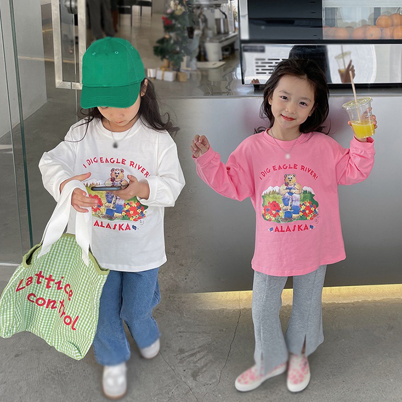 Áo Thun Tay Dài Cổ Tròn In Họa Tiết Hoạt Hình Phong Cách Hàn Quốc Thời Trang Xuân Thu Cho Bé Gái