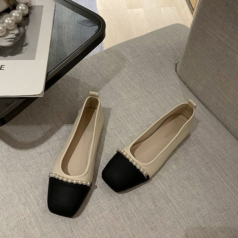 Giày Búp Bê Da Mềm Đế Bằng Mũi Vuông Đính Hạt Giả Ngọc Trai Thời Trang 2022 Xiaoxiangfeng Cho Nữ