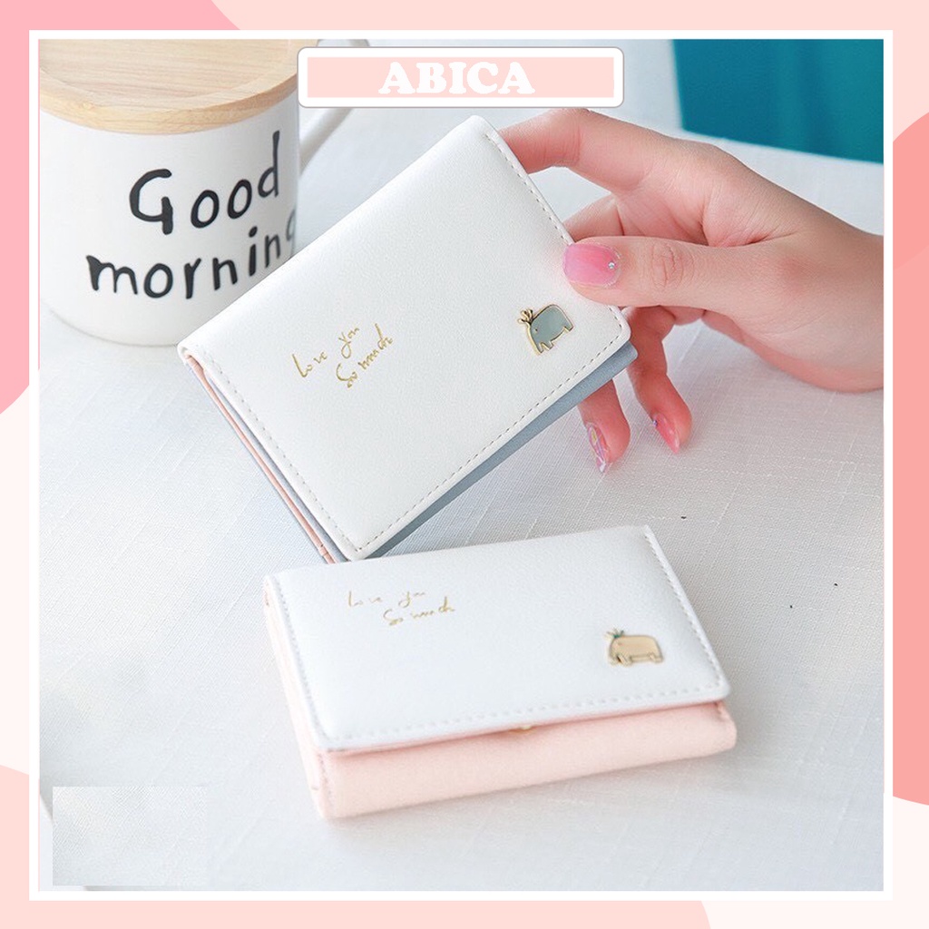 Ví bóp nữ mini cầm tay đính chú voi nhỏ đáng yêu gập 2 nhỏ gọn đựng thẻ da cao cấp cực đẹp giá rẻ thời trang ABICA VN002
