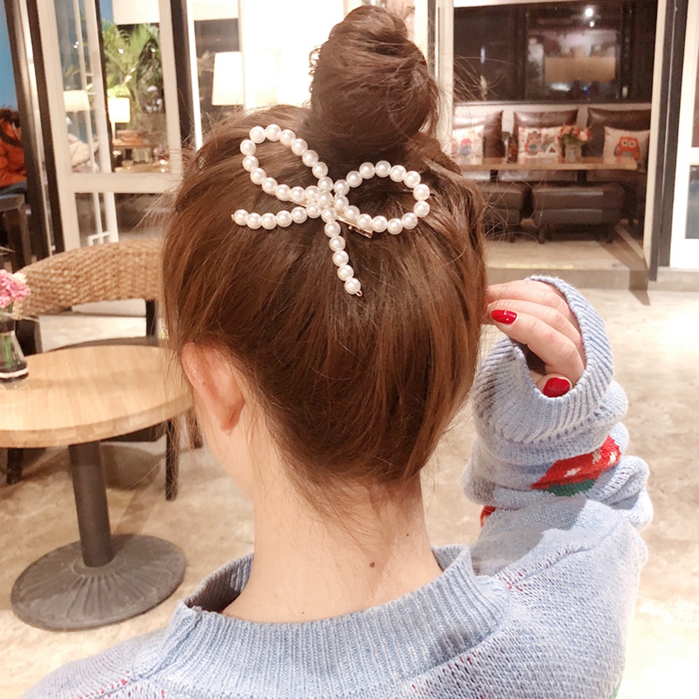 Kẹp tóc nơ đính giả ngọc trai dễ thương dành cho nữ