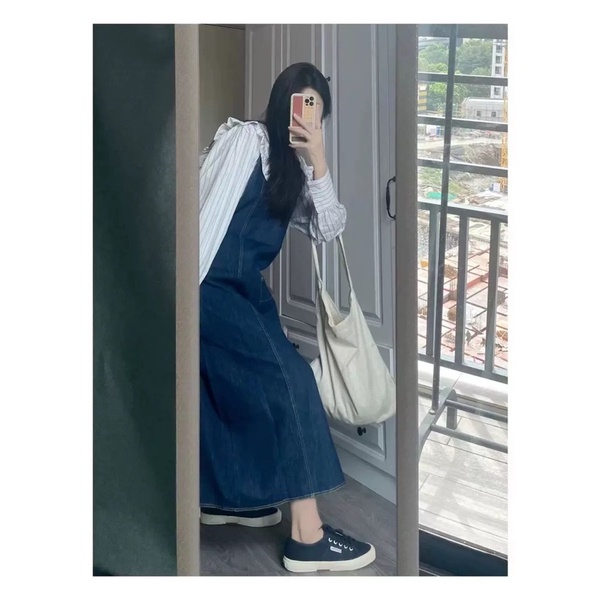 Váy yếm jean hai dây denim mặc 2 kiểu đa năng đeo chéo áo sơ mi cổ búp bê