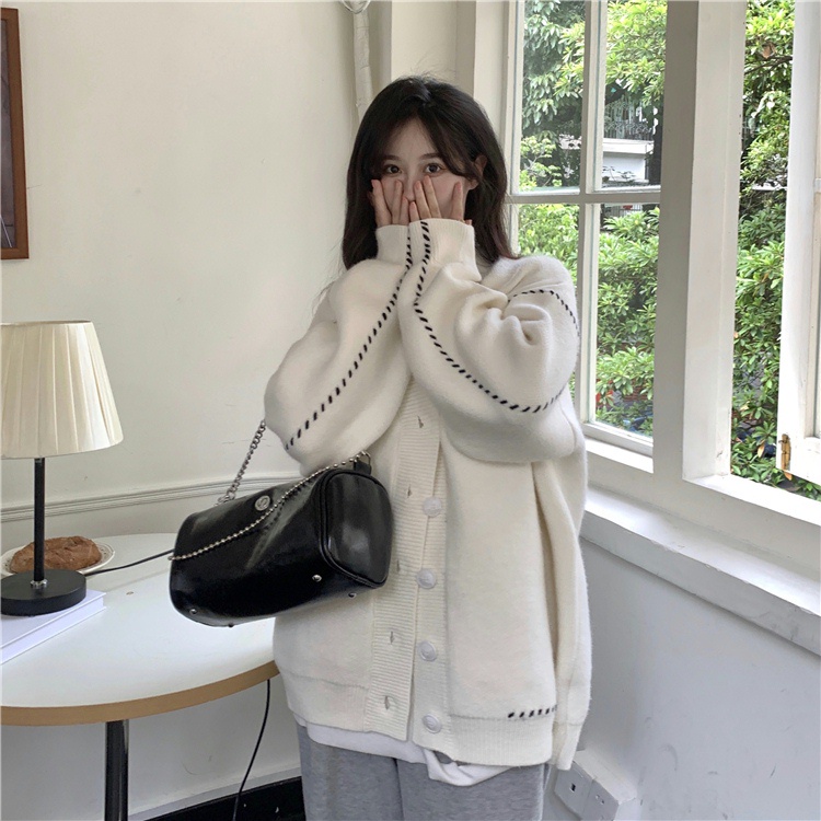 Áo khoác len cardigan nữ phối viền sọc đen trắng chất đẹp hàng Quảng Châu free size phong cách Hàn Quốc