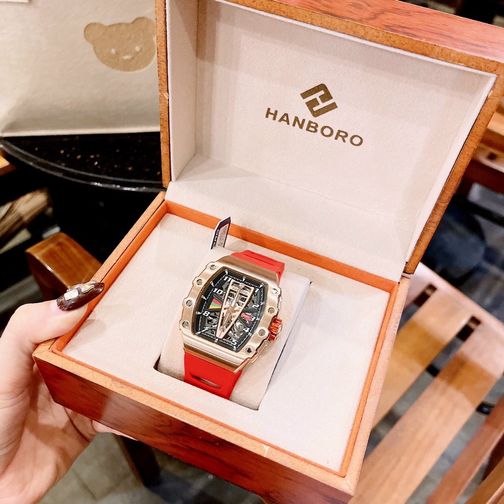 Đồng Hồ Cặp Đôi Hanboro Nam Máy Automatic, Nữ Máy Pin , Dây Cao Su Màu Đỏ , Size 36mm/48mm fullbox
