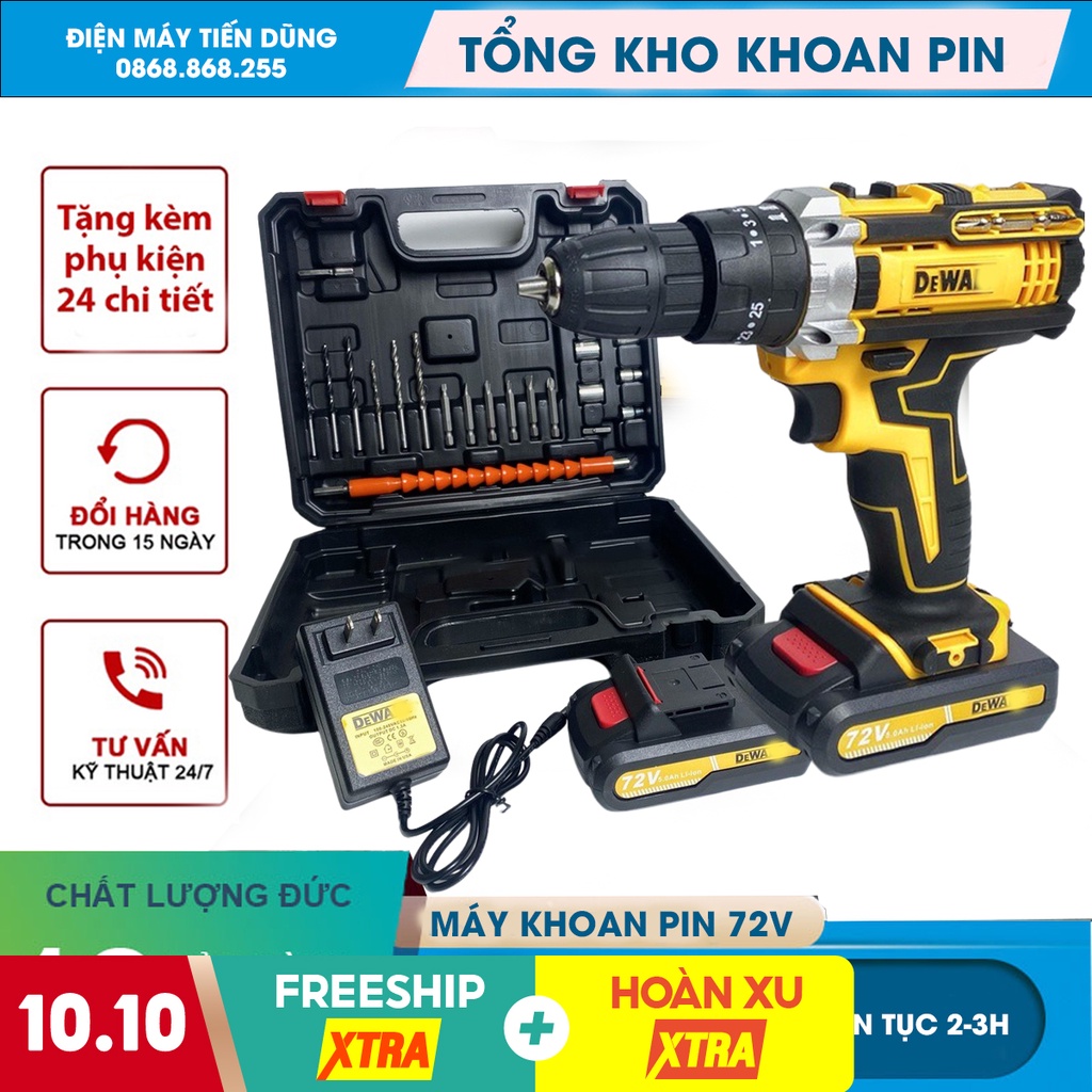 Máy khoan pin Dw 72V, khoan pin 3 chức năng, có búa, khoan tường khoan bê tông,bắn vít, tặng phụ kiện 24 chi tiết