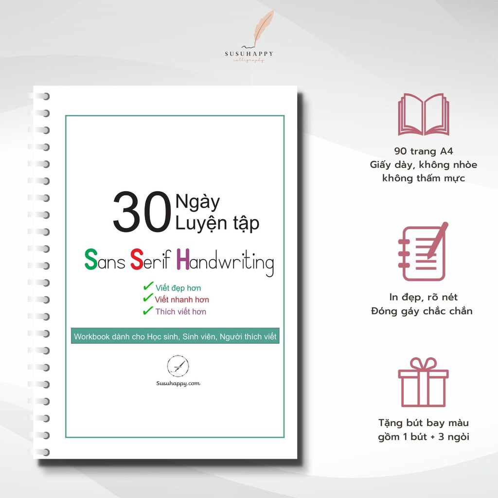 Workbook Luyện Viết Chữ Sans Serif Handwriting (Chữ Không Chân) Dành Cho Người Mới Tập-Tặng Kèm Bút Bay Màu+3 Ngòi Thay