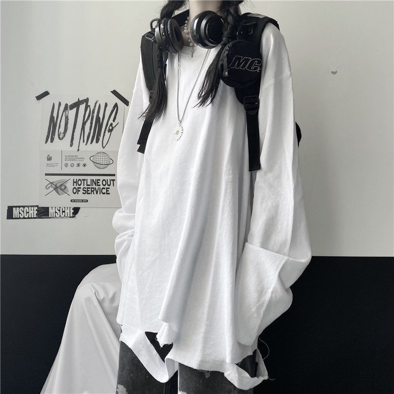 Jiashucheng Áo Thun Tay Dài Dáng Rộng Màu Trắng Rách Gối Phong Cách Hàn Quốc Thu Đông Mới Dễ Phối Đồ Cho Học Sinh Nữ @