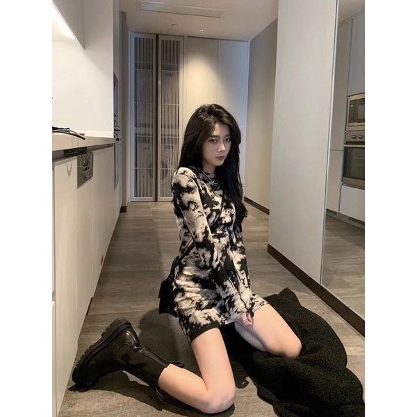Váy body loang dài tay  dáng ngắn sexy hoạ tiết loang đen trắng hàng Quảng châu