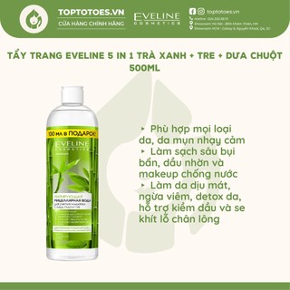 Nước tẩy trang Eveline 5-in-1 Trà xanh + Tre + Dưa chuột cho da dầu mụn, nhạy cảm 500ml