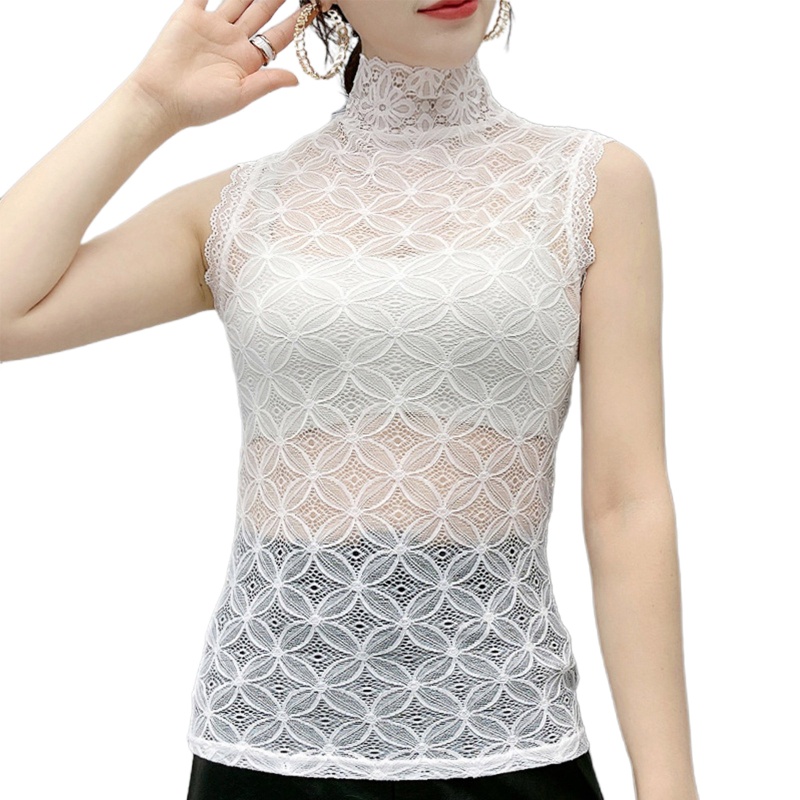 Áo Ren Không Tay Cổ Rùa Màu Trơn Thêu Hoa Đính Đá Có Thể Tháo Rời Màu Sắc Xinh Xắn Dành Cho Nữ