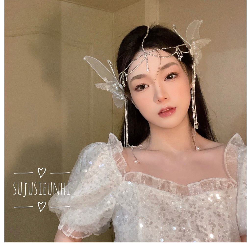 kẹp tóc hanmade hình cánh thiên thần bướm vải lưới đính đá dây tua rua chụp ảnh, dành cho cô dâu