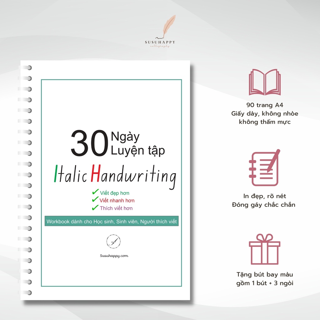 Workbook Luyện Viết Chữ Viết Tay Italic Handwriting Dành Cho Người Mới Tập - Tặng Kèm Bút Bay Màu + 3 Ngòi Thay