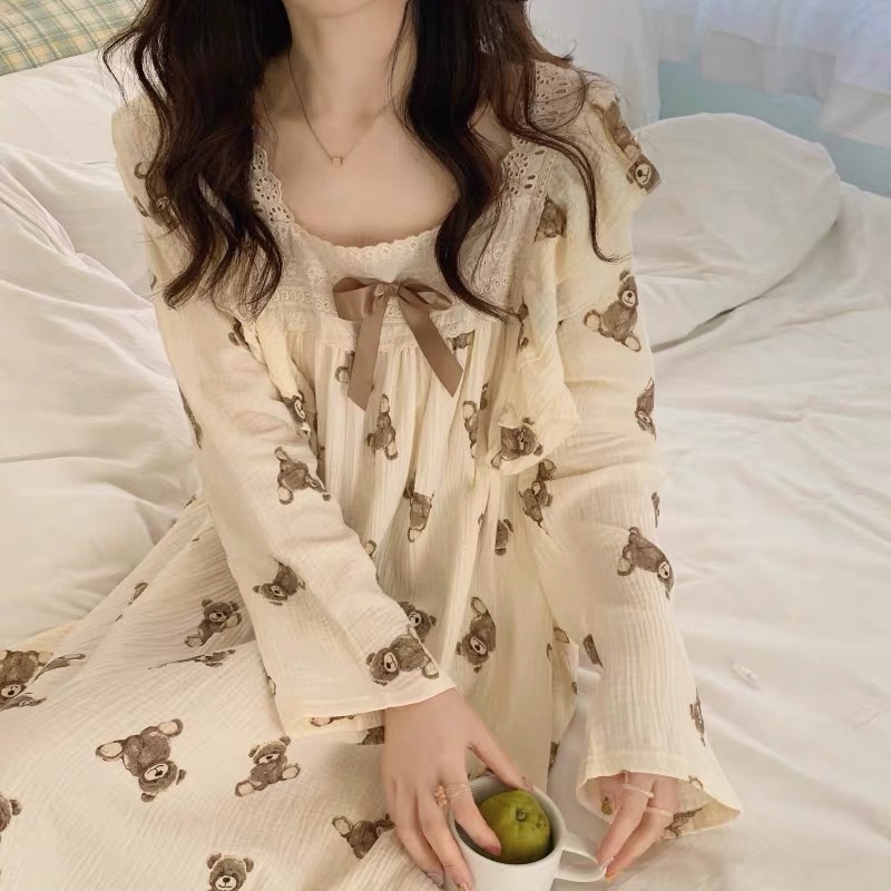 Đầm Ngủ Công Chúa Phối Ren Nơ Hoạ Tiết Gấu Nâu Siêu Dễ Thương