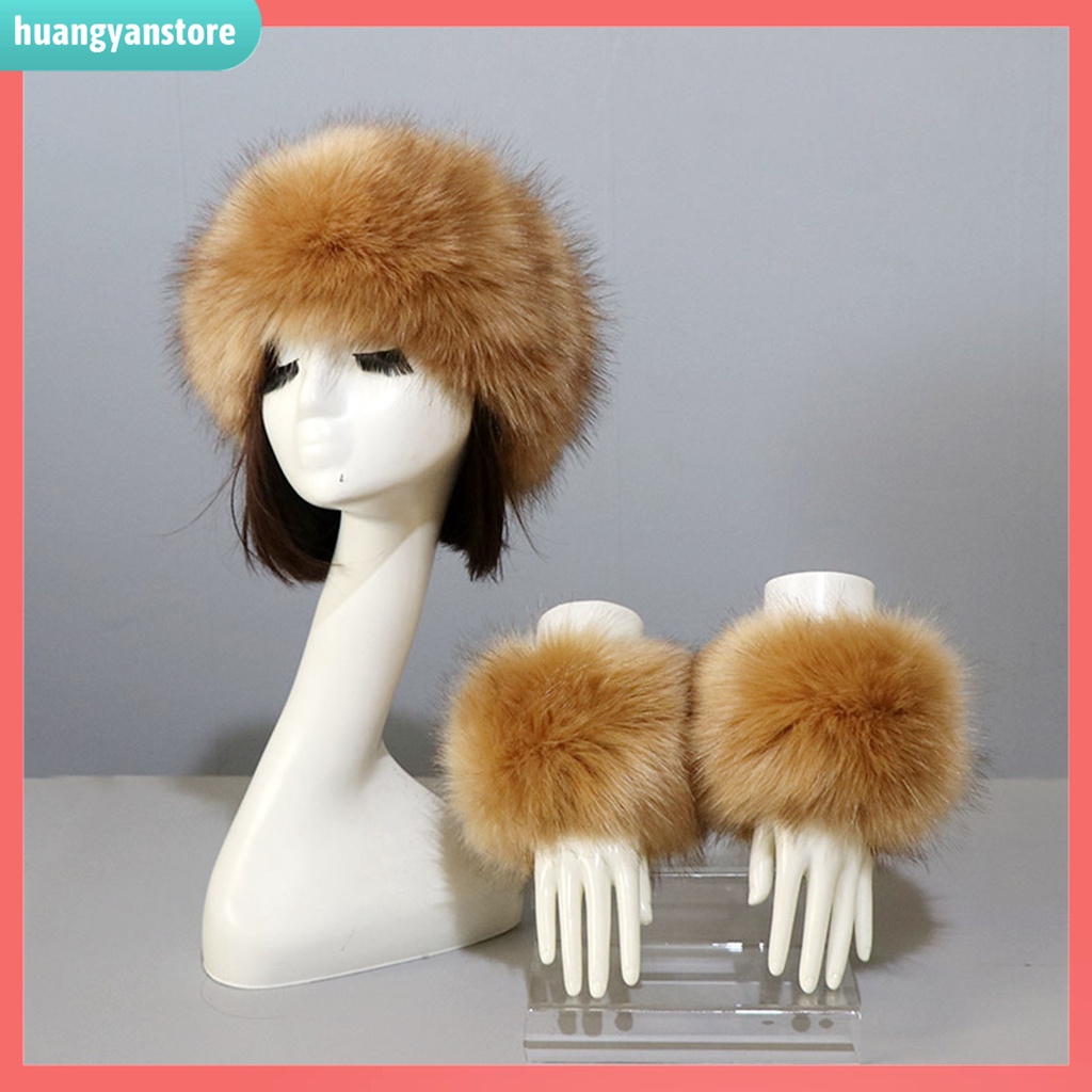 HY| 1 Set Băng Đô + Găng Tay Hở Ngón Phối Lông Giả Màu Sắc Trơn Thời Trang Cho Nữ